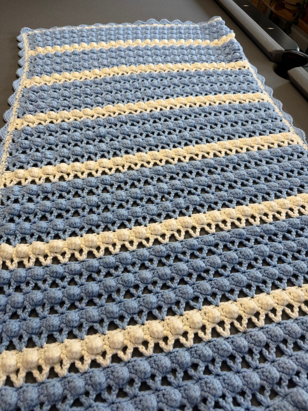 Handmade Crochet Baby Blanket Blue White Bobble Stitch Scalloped Edge 39 x 59